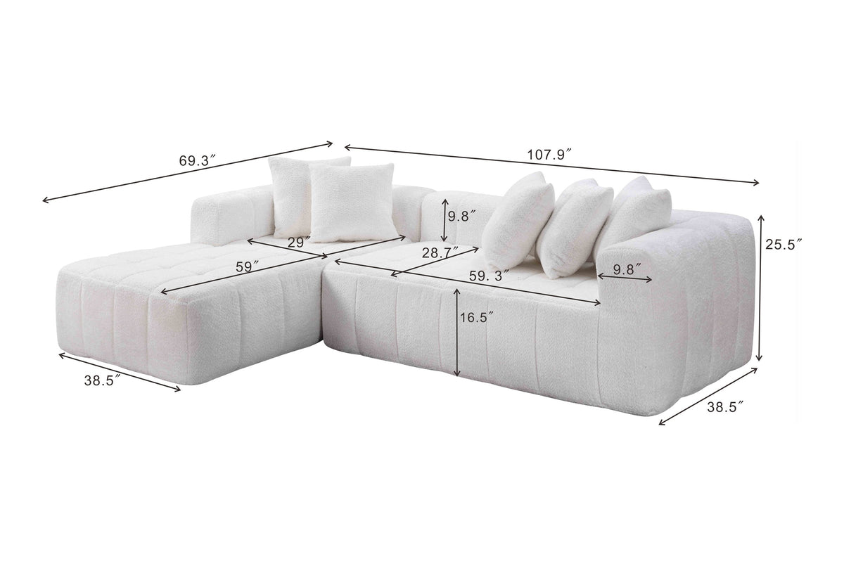 Dimension drawing of the Nembo Boucle Cloud Sectional: 107.9 in (274.07 cm) wide, 69.3 in (176.02 cm) deep at the chaise, 25.5 in (64.77 cm) high, seat 16.5 in high