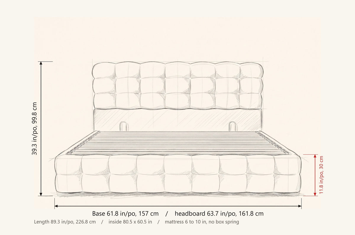 Nemi bed dimensions: base 61.8 in wide, headboard 63.7 in wide, 39.3 in high, rails 11.8 in high, 89.3 in long