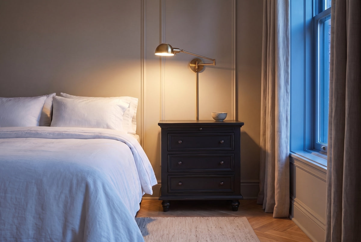 Nervi nightstand in Black beside a bed in a greige Montreal bedroom at dusk, a brass wall lamp lit above it