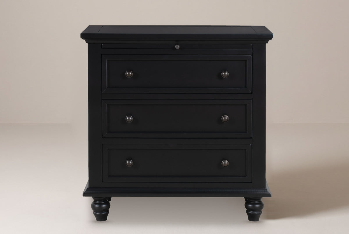Nervi nightstand in Black, straight front view: a pull-out tray under the top