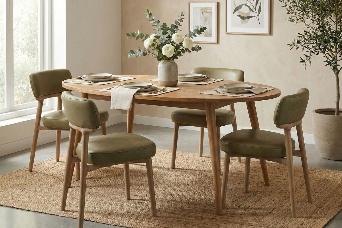 Nolan acacia oval dining table with olive green chairs and a woven pendant by an arched window