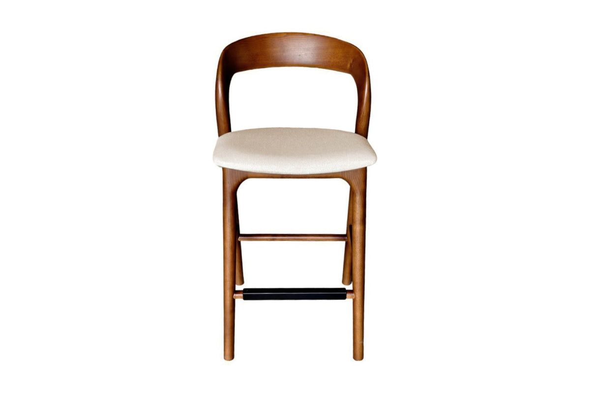 Norwood walnut ash counter stool, front view with black metal footrest