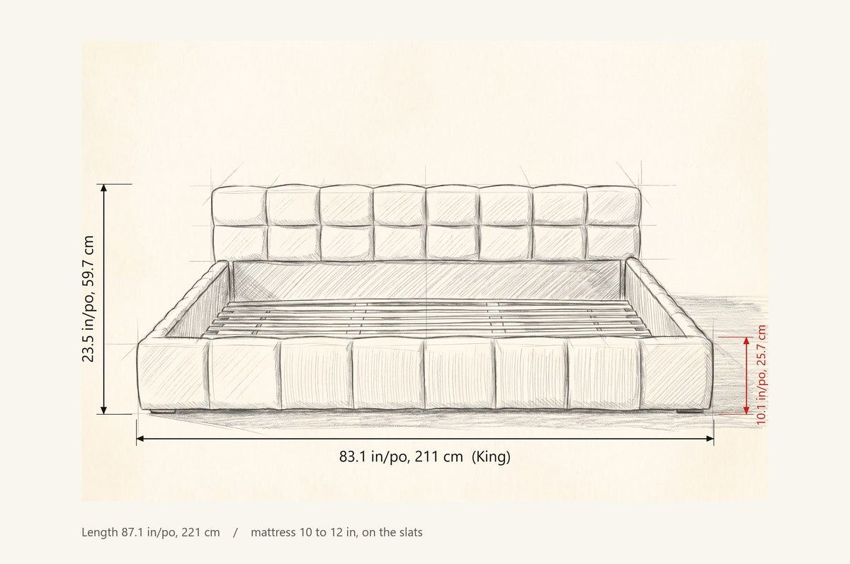 Noto bed dimensions: King 83.1 in wide, 23.5 in high, rails 10.1 in high, 87.1 in long