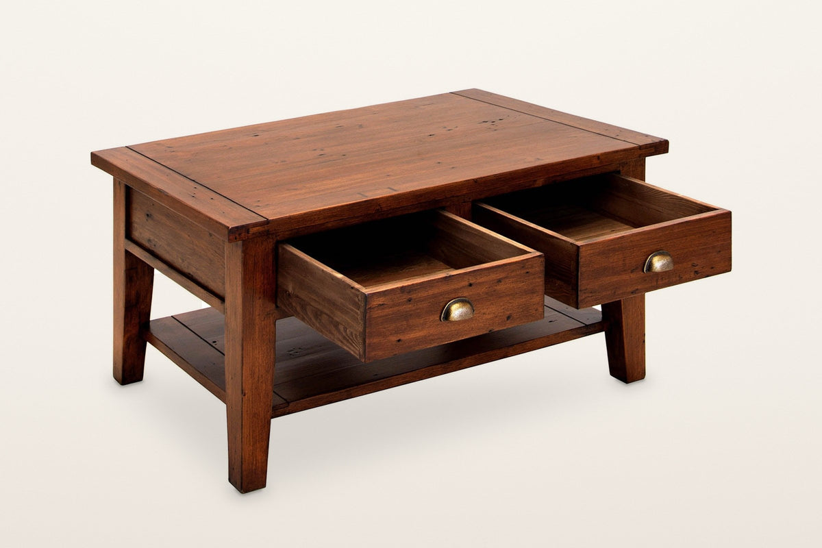 Novella coffee table in African Dusk with both drawers pulled out, three-quarter view