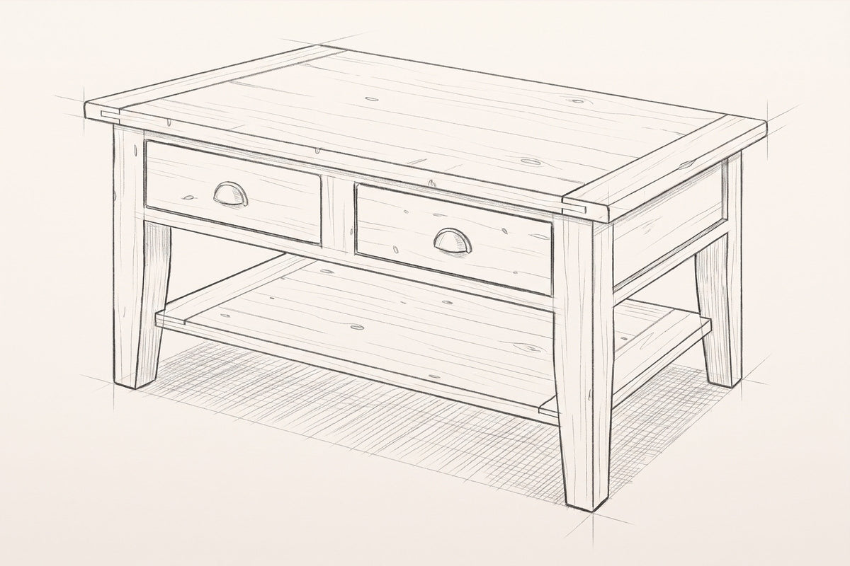 Pencil sketch of the Novella coffee table, three-quarter view from above