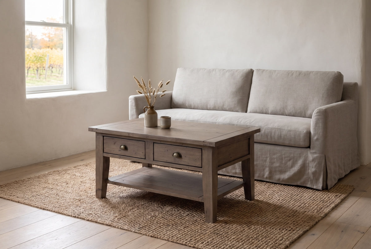 Novella coffee table in Sundried in front of a warm grey linen sofa in a Prince Edward County farmhouse, a vineyard through the window