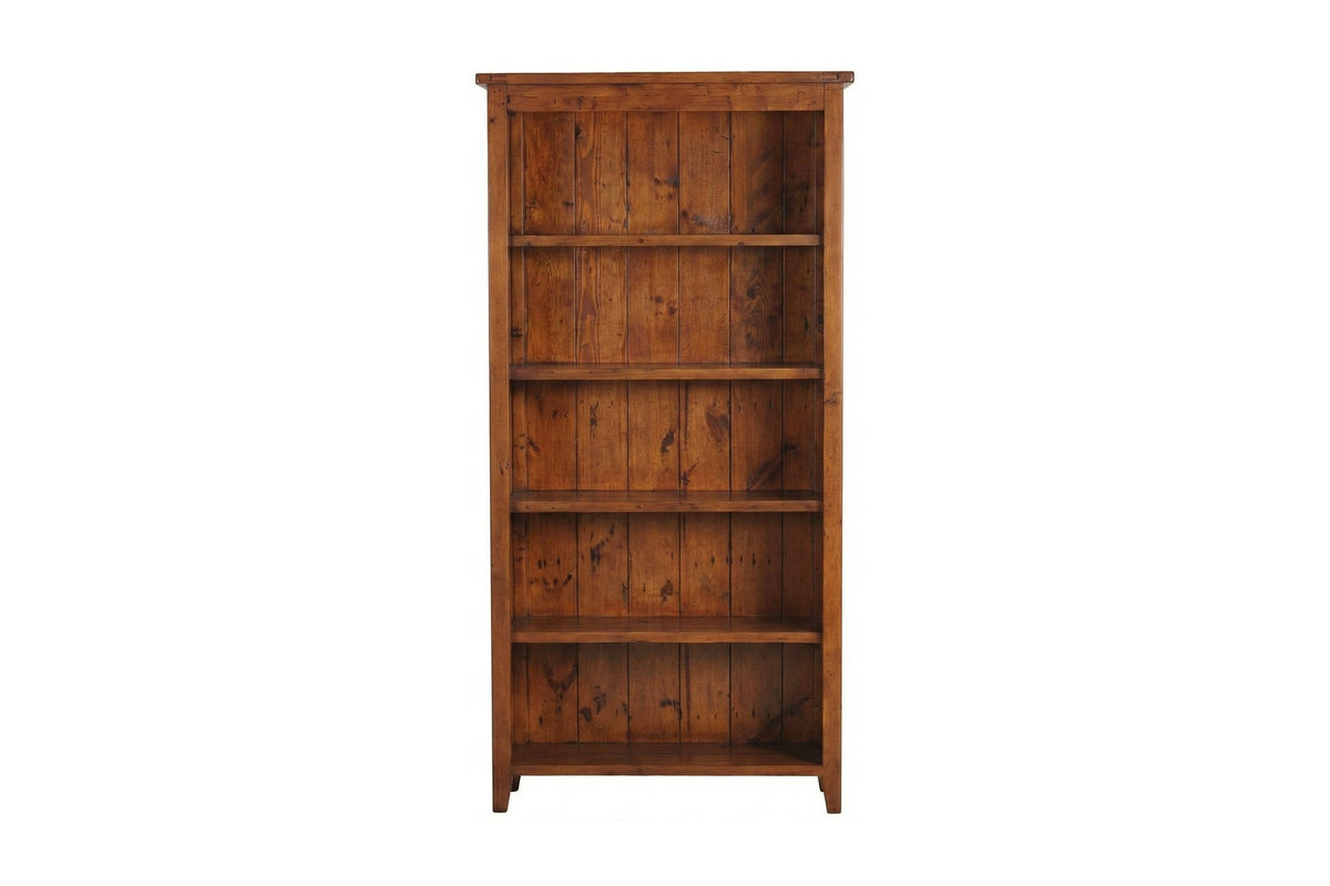 Novella reclaimed pine bookcase, front view showing five open tiers