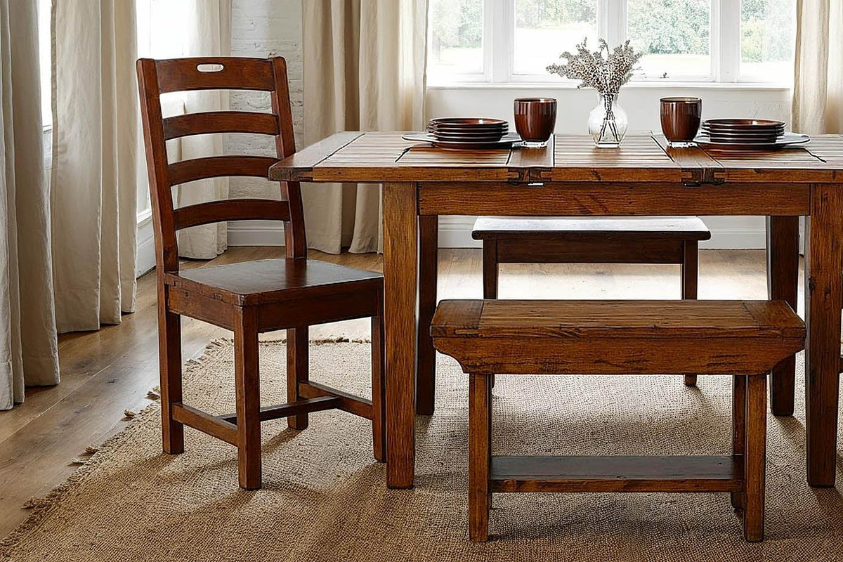 Novella reclaimed pine dining chair at a farmhouse table with a bench