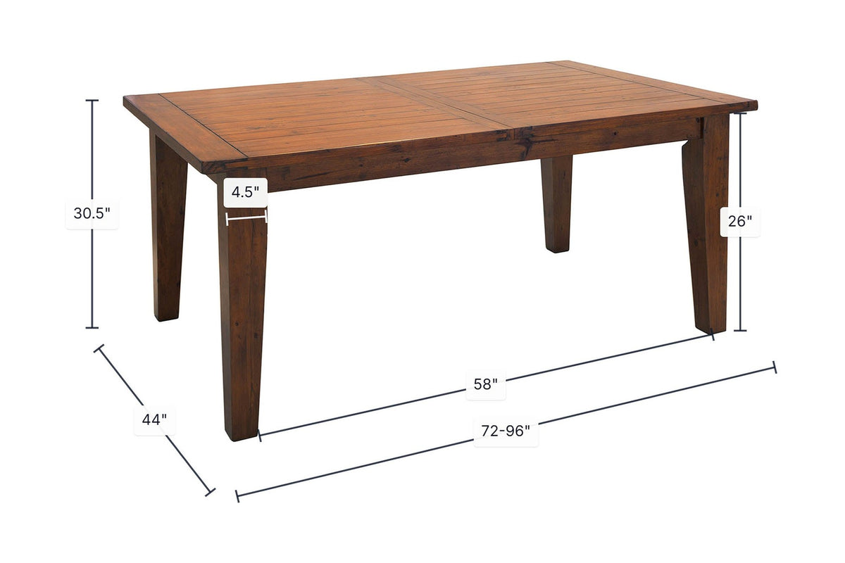 Novella extendable dining table dimensions: 72 to 96 in long, 44 in deep, 30.5 in high
