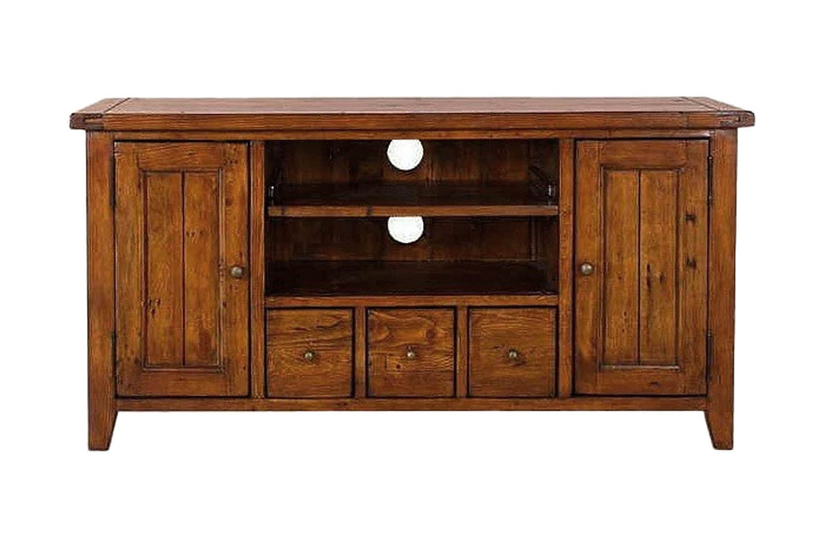 Novella media console, front view showing cable holes behind the open shelves