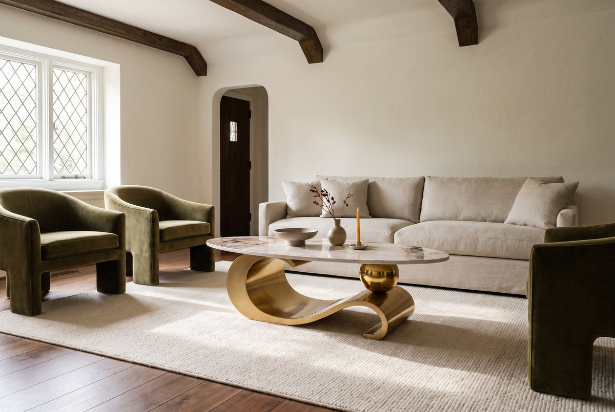 The Ondina coffee table in Gold on an ivory rug between an oat linen sofa and olive velvet armchairs, in a plaster room with dark oak beams and a leaded window