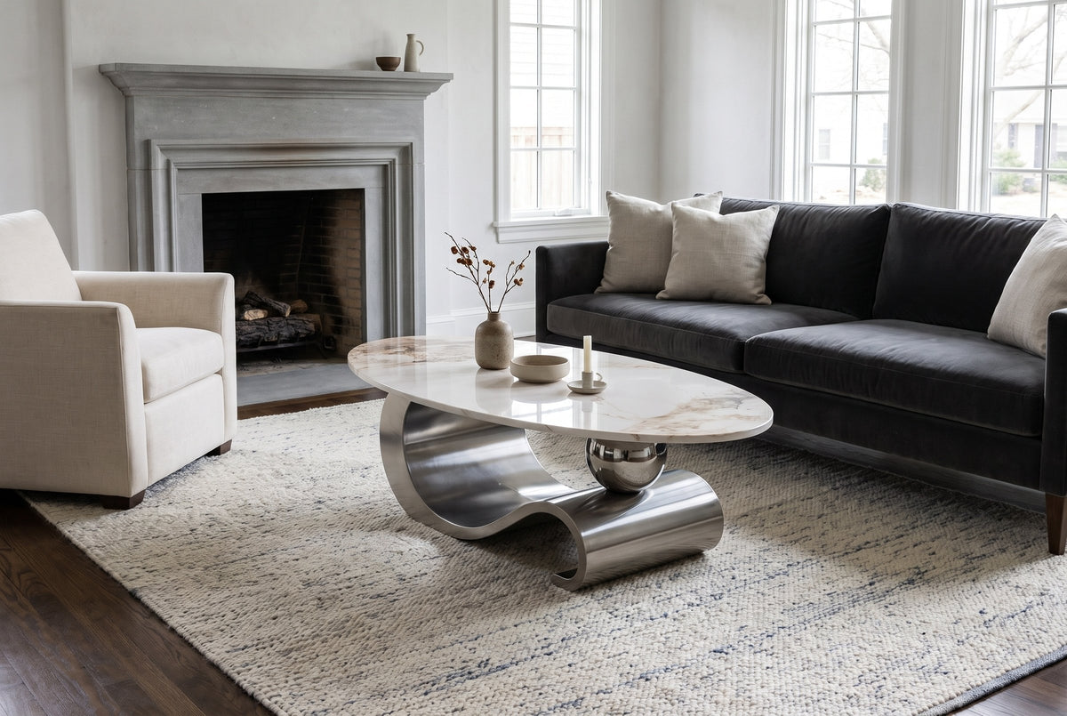The Ondina coffee table in Gray on an ivory and slate-blue rug between a charcoal velvet sofa and a cream armchair, beside a grey limestone fireplace