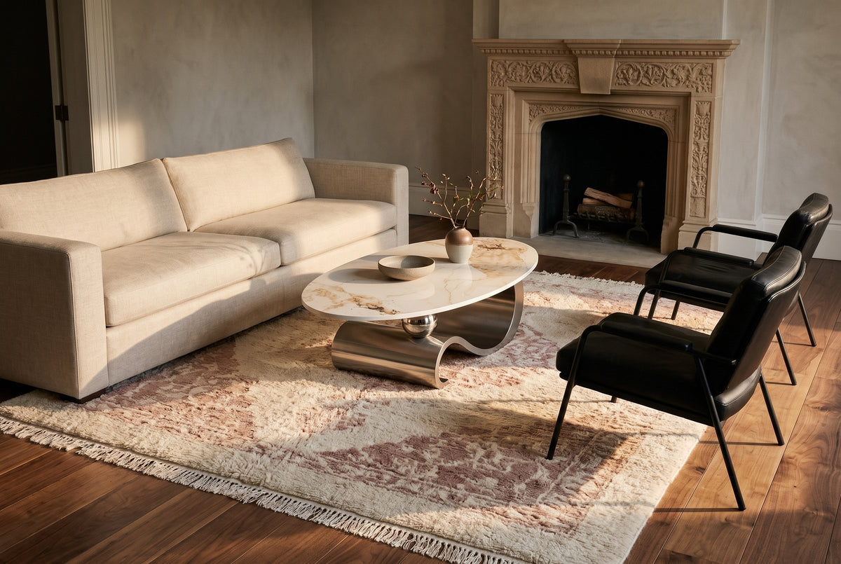 The Ondina coffee table in Gray on a cream and dusty rose rug beside an oat linen sofa and two black leather chairs, in front of a carved stone fireplace