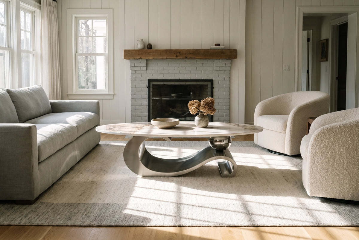 The Ondina coffee table in Gray on a pale wool rug between a grey linen sofa and two ivory boucle chairs, in a white panelled room with a painted brick fireplace