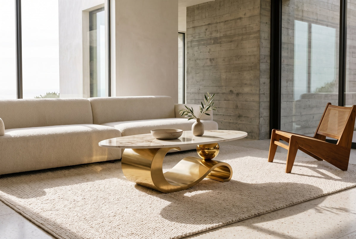 The Ondina coffee table in Gold on a cream rug in front of a white boucle sofa, in a bright modern living room with a board-formed concrete wall