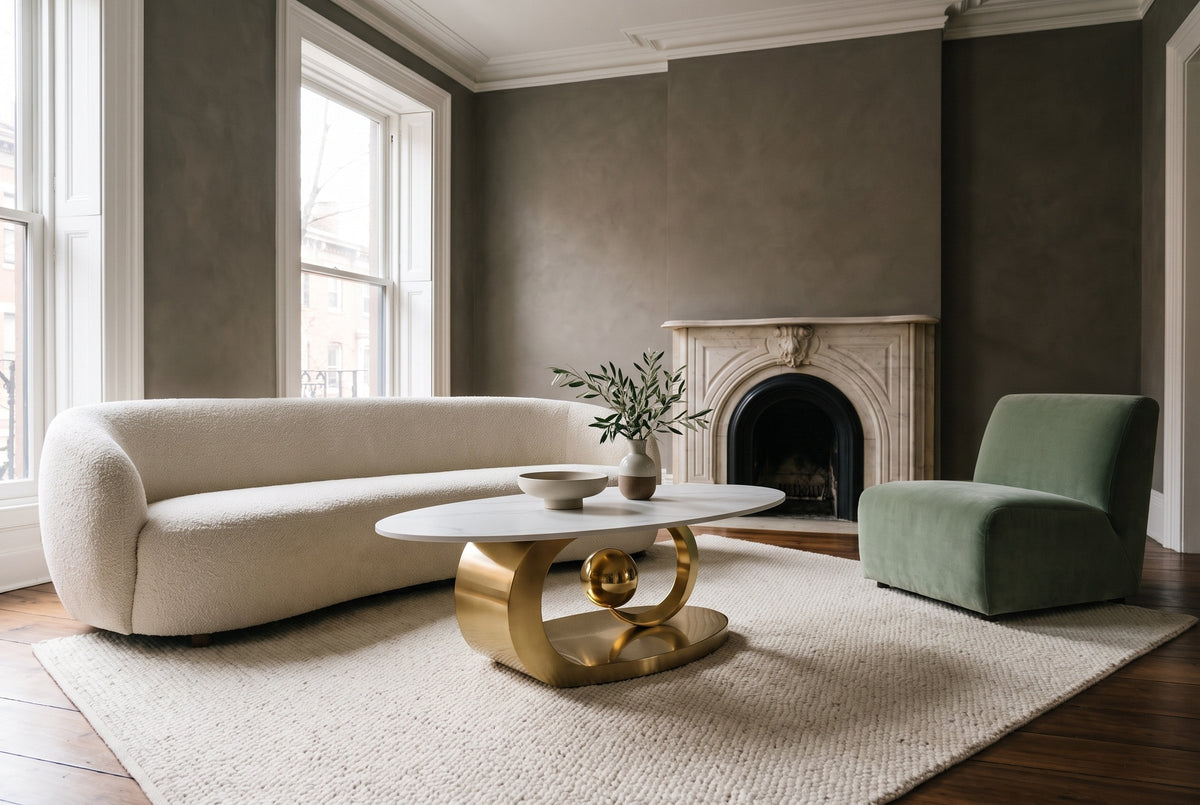 The Oriana coffee table on an ivory rug in a parlour with deep greige plaster walls, a marble fireplace, an ivory boucle sofa and a soft green velvet chair