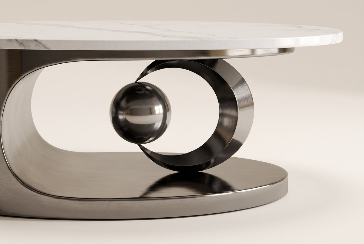 Close-up of the Gray Oriana coffee table's base: the gunmetal ring rising from the oval plinth with the polished sphere held in its opening, beneath the stone top