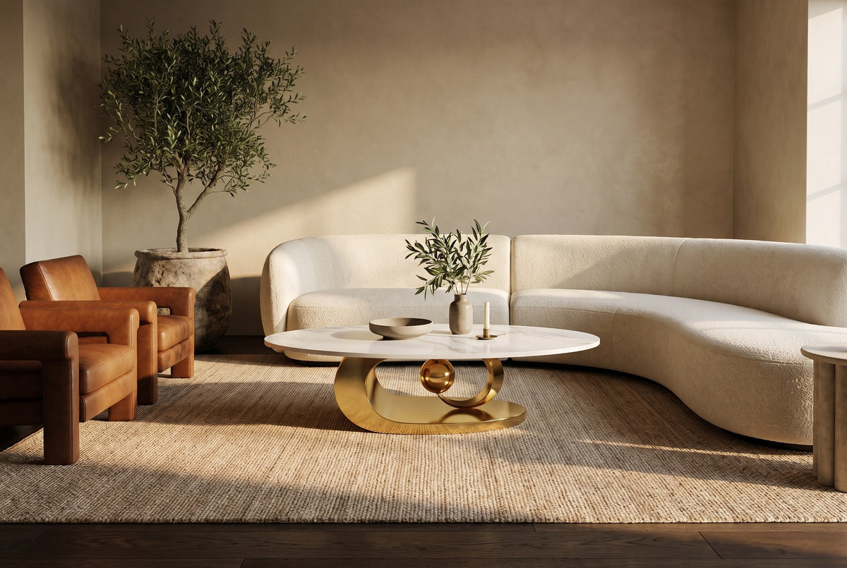 The Oriana coffee table with an olive stem in a small vase, on a camel wool rug between a curved cream sofa and two tobacco leather armchairs, with limewashed walls and an olive tree in a stone planter