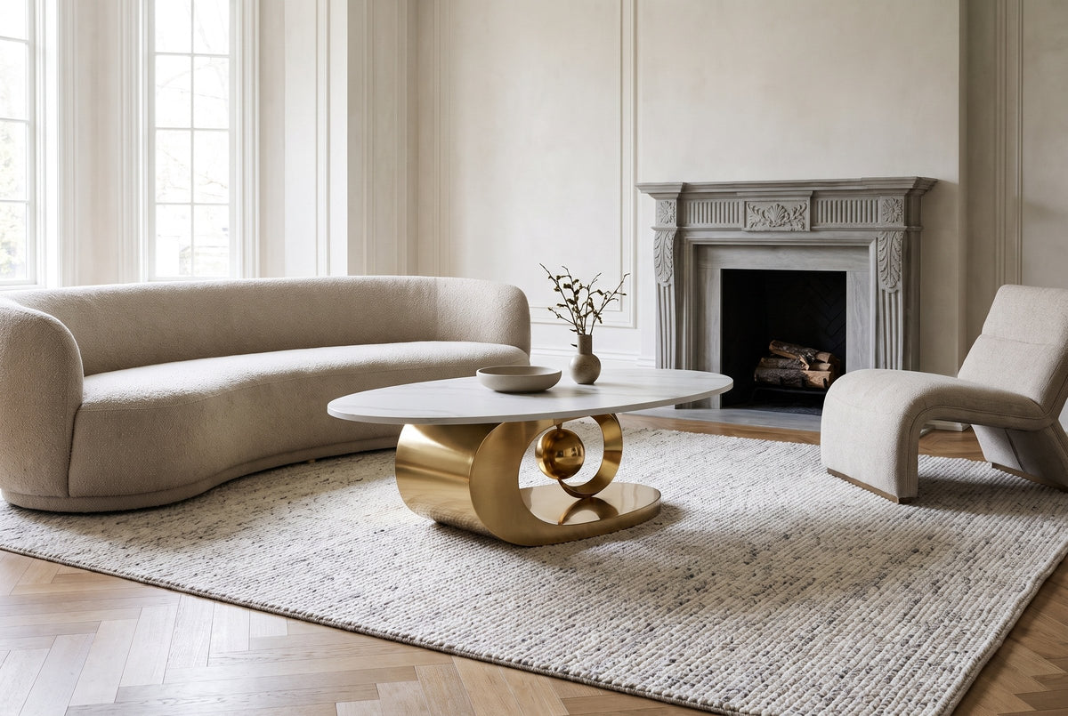 The Oriana coffee table on an ivory wool rug in front of a curved oat boucle sofa, in a tall drawing room with a carved grey stone fireplace and an oak herringbone floor in daylight