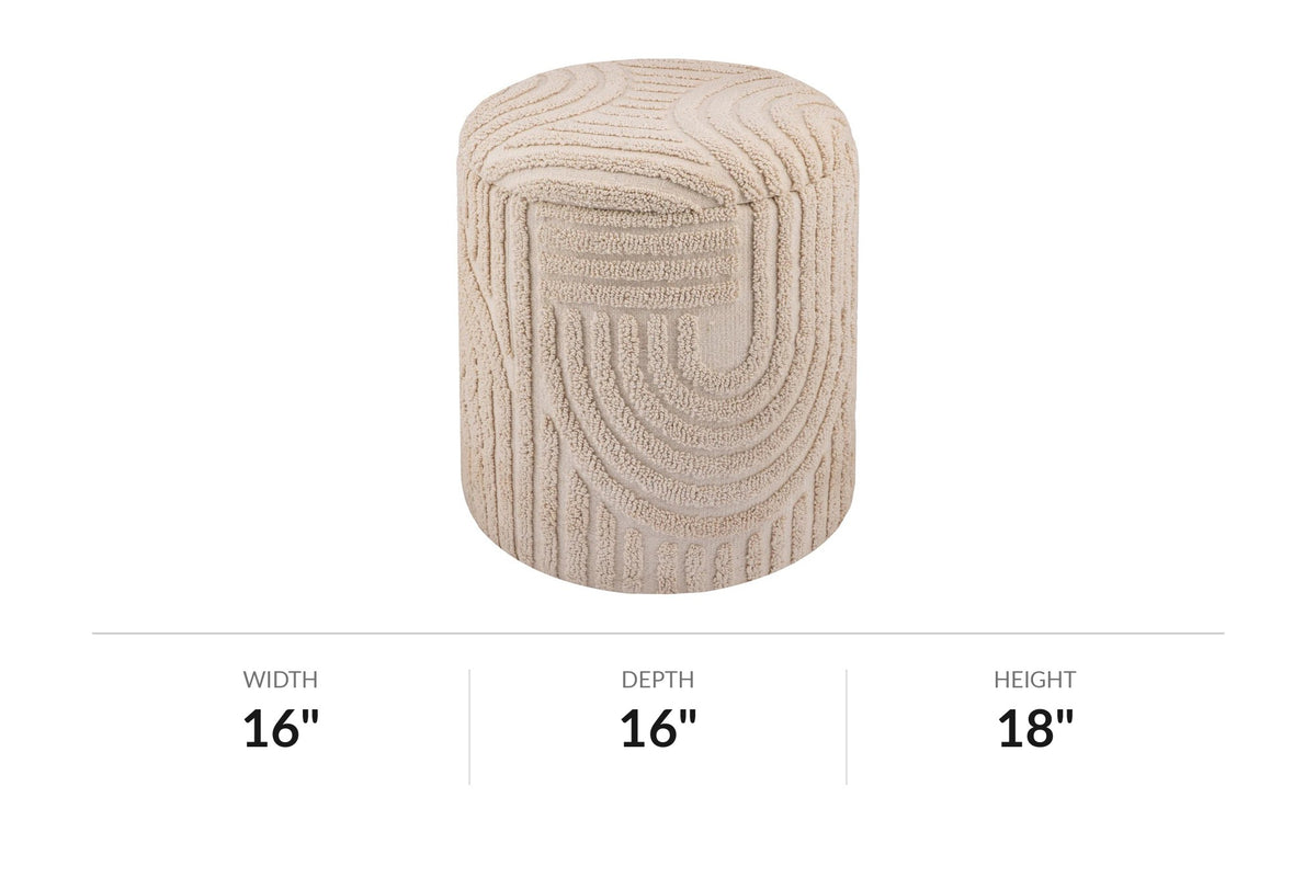 Orla beige sculpted cotton round storage ottoman with dimensions