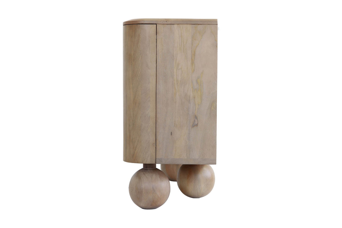 Orson mango wood sideboard, side view of the rounded end and ball feet