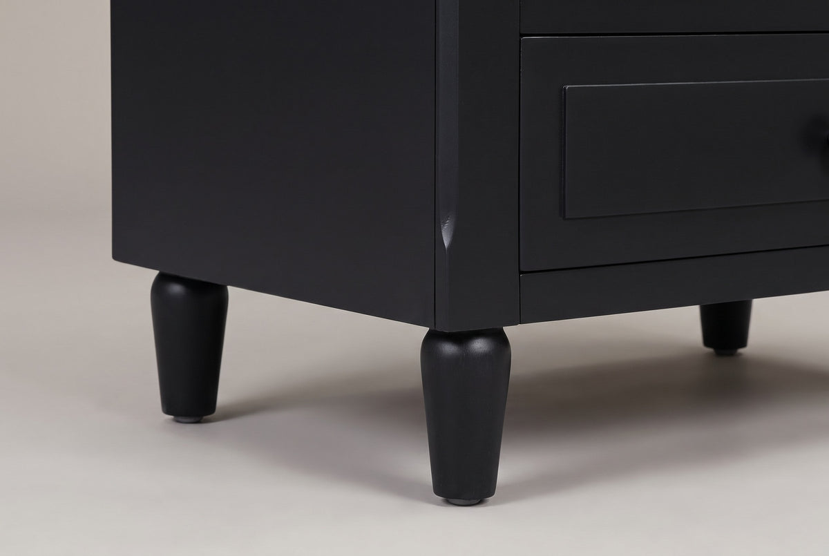 Close-up of the turned Ortona legs and the chamfered front corner of the case