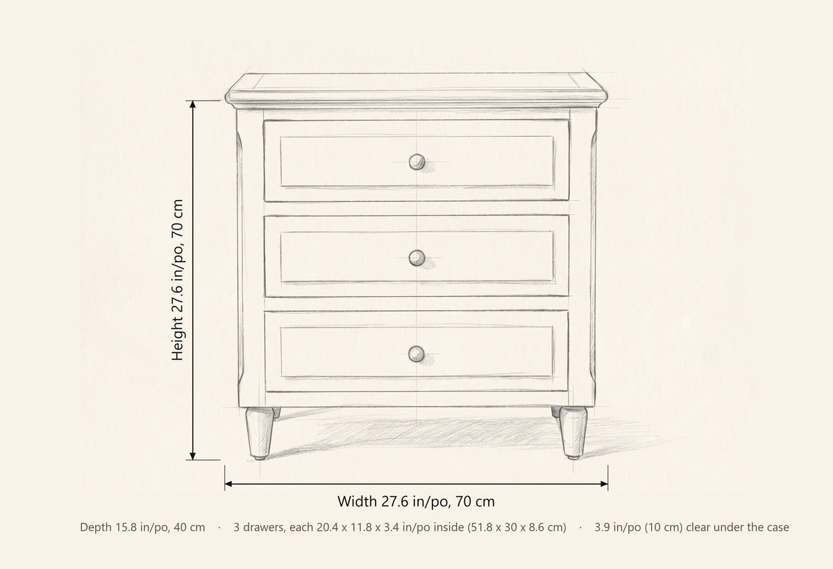 Ortona nightstand dimensions: 27.6 in wide, 27.6 in high, 15.8 in deep, 3 drawers each 20.4 x 11.8 x 3.4 in inside