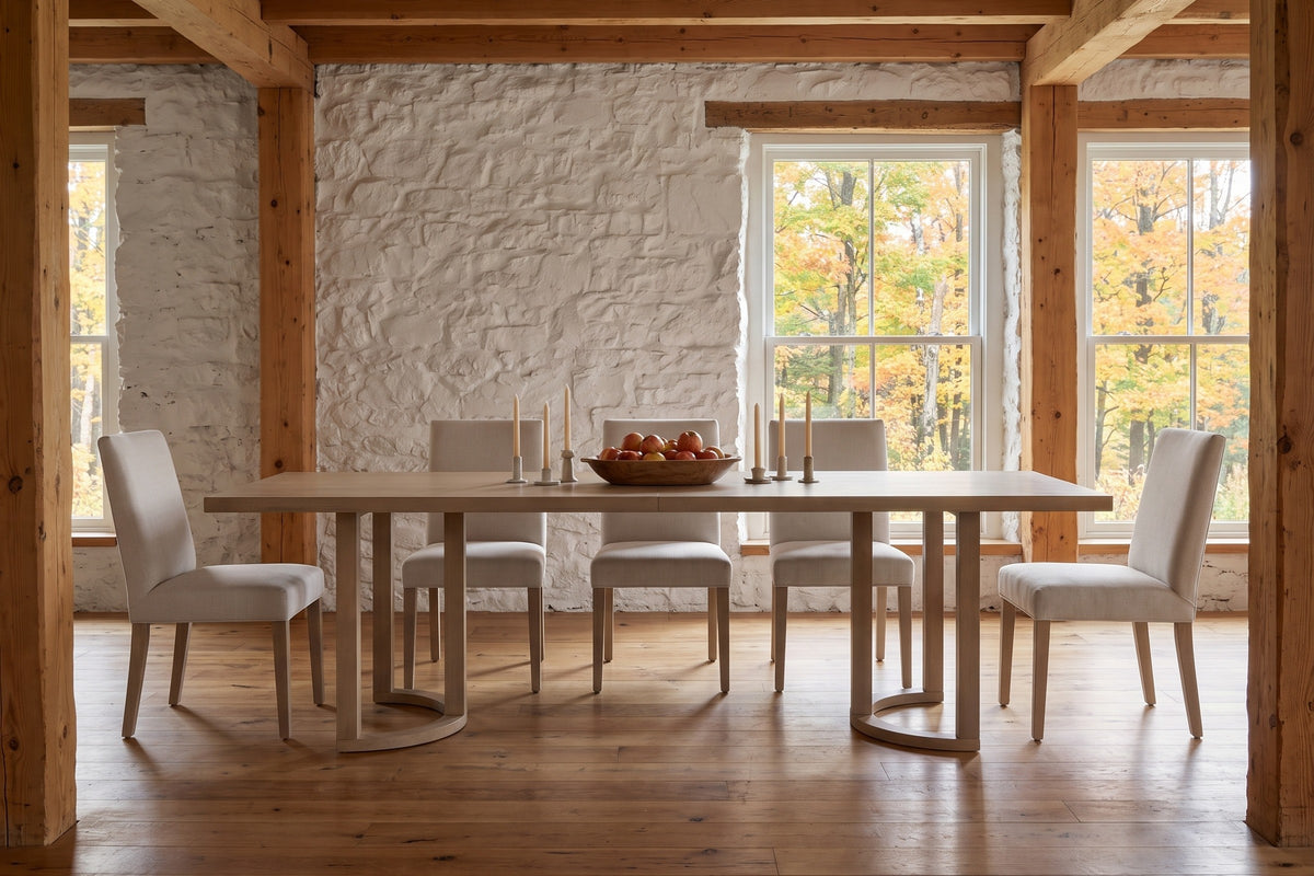 Orvieto dining table in a whitewashed stone barn in the Eastern Townships in autumn