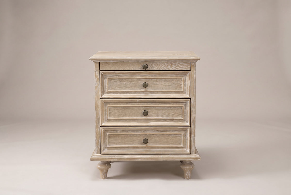 Osimo nightstand in Natural White, straight front view: moulded top, plain tray front