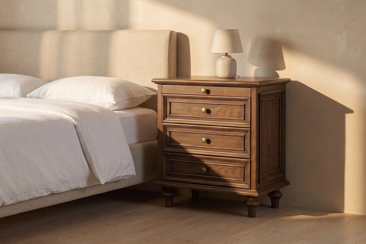 Osimo nightstand beside a linen bed in late golden sun, its framed side panel in the light