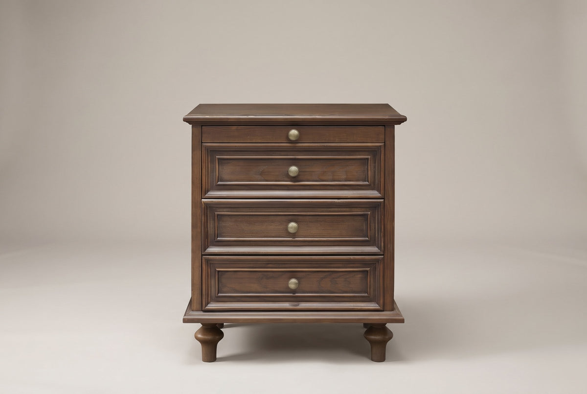 Osimo nightstand in Walnut Brown, straight front view: moulded top, plain tray front