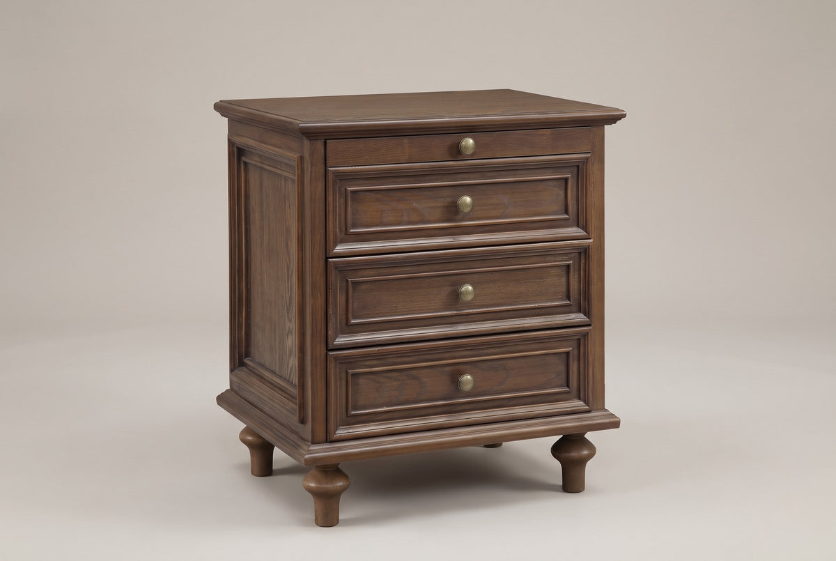 Osimo farmhouse nightstand in Walnut Brown, three-quarter view on a warm grey studio backdrop: pull-out tray