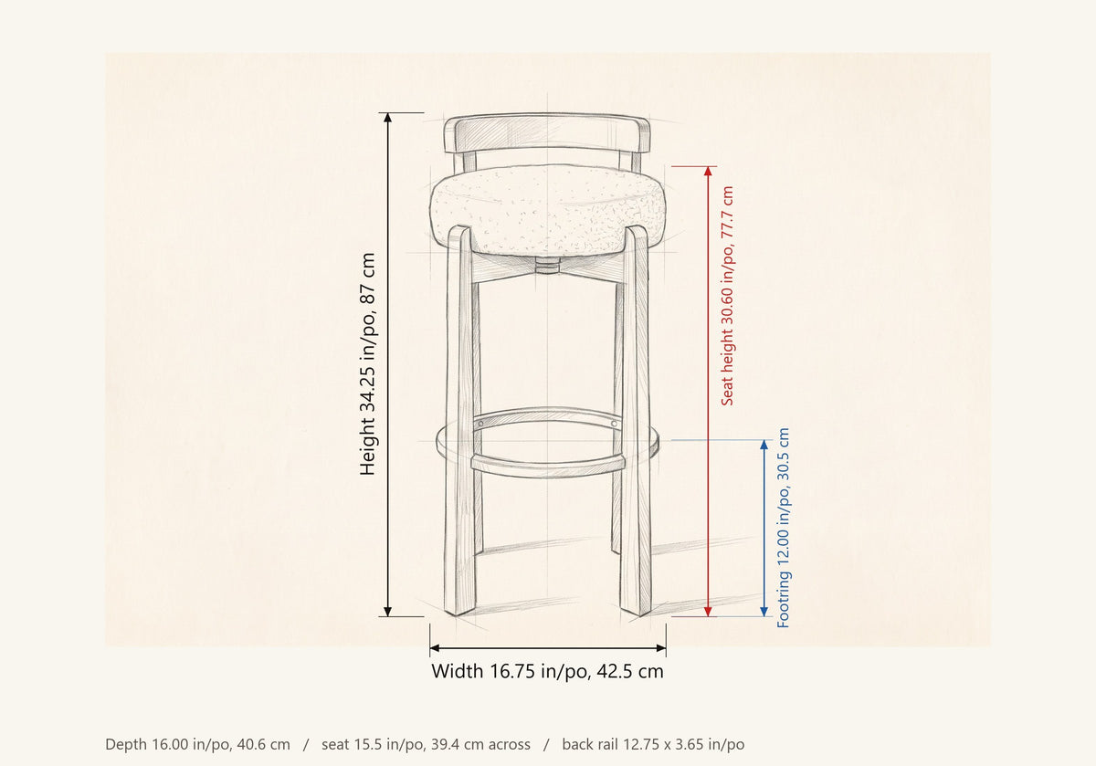 Otricoli dimensions: 16.75 in wide, 34.25 in high, seat height 30.60 in, footring 12 in, 16 in deep