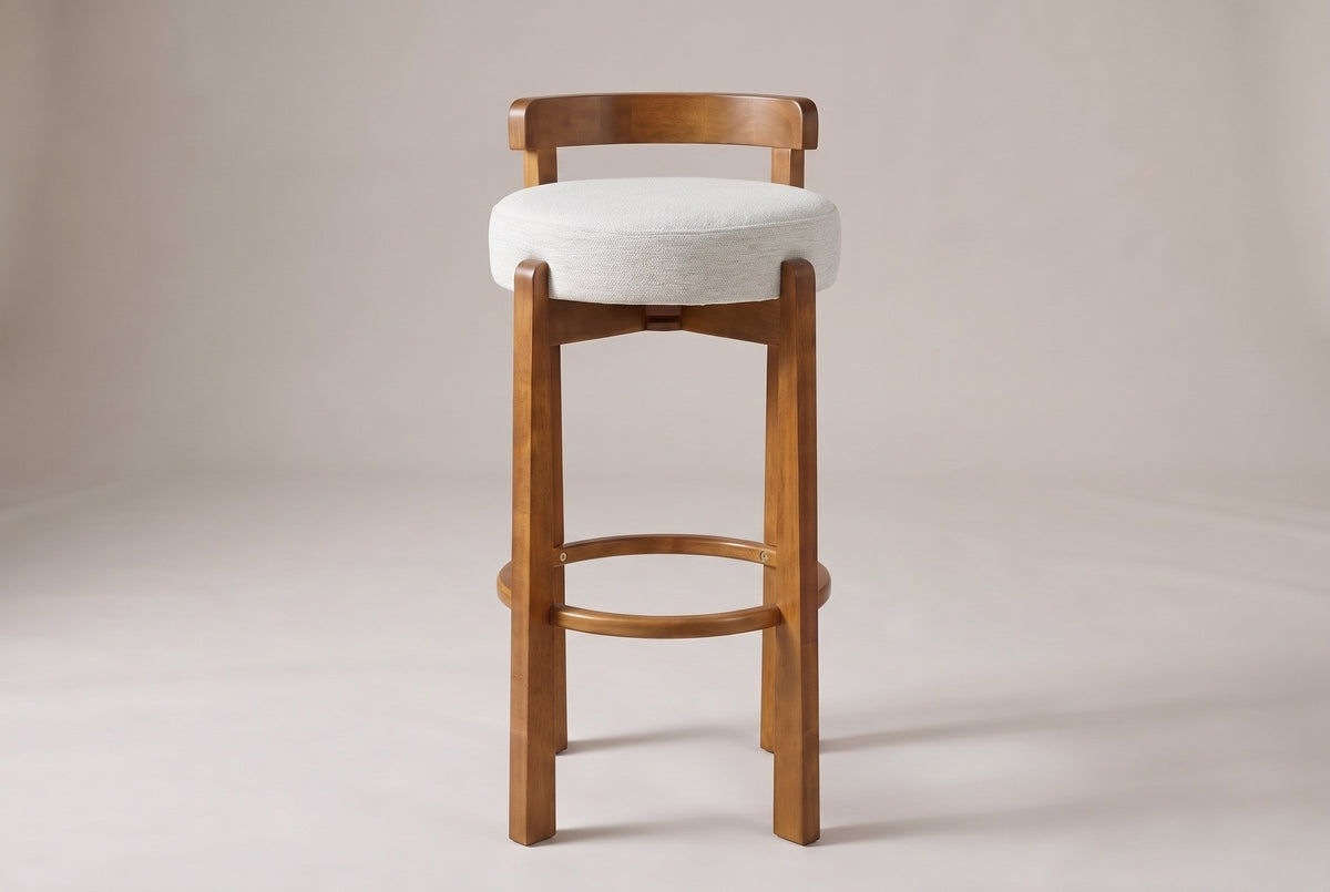 Otricoli bar stool in Ivory, straight front view: round woven seat pad, four square walnut-finish legs