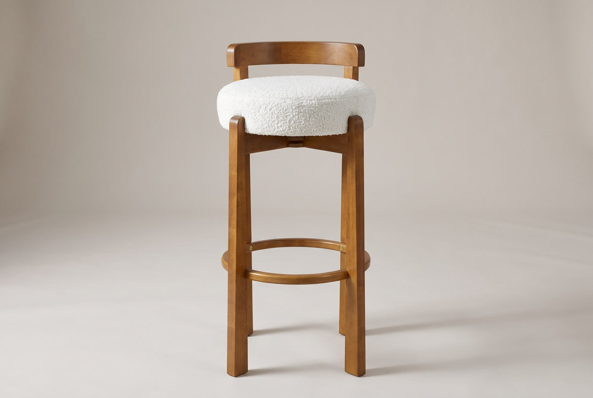 Otricoli bar stool, straight front view: round seat, four square walnut-finish legs, low curved back rail and footring