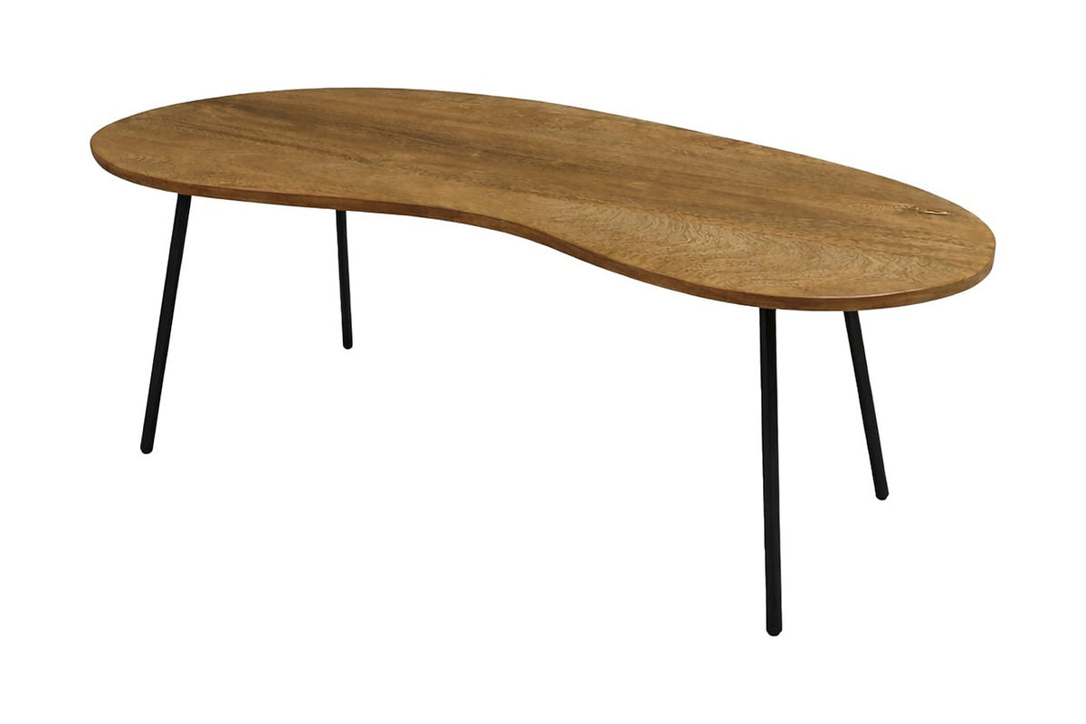 Ottilie kidney-shaped mango wood coffee table with black iron legs, three-quarter view