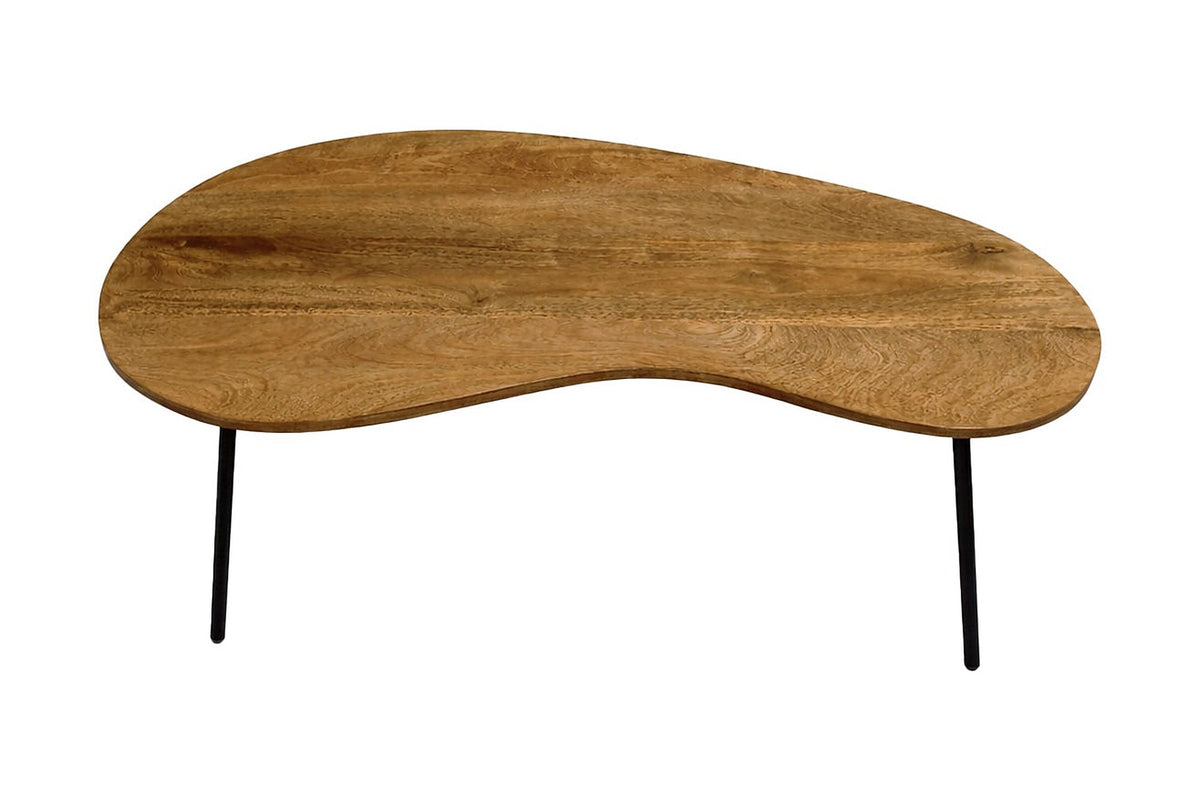 Ottilie coffee table seen from above, showing the kidney-shaped mango wood top and grain