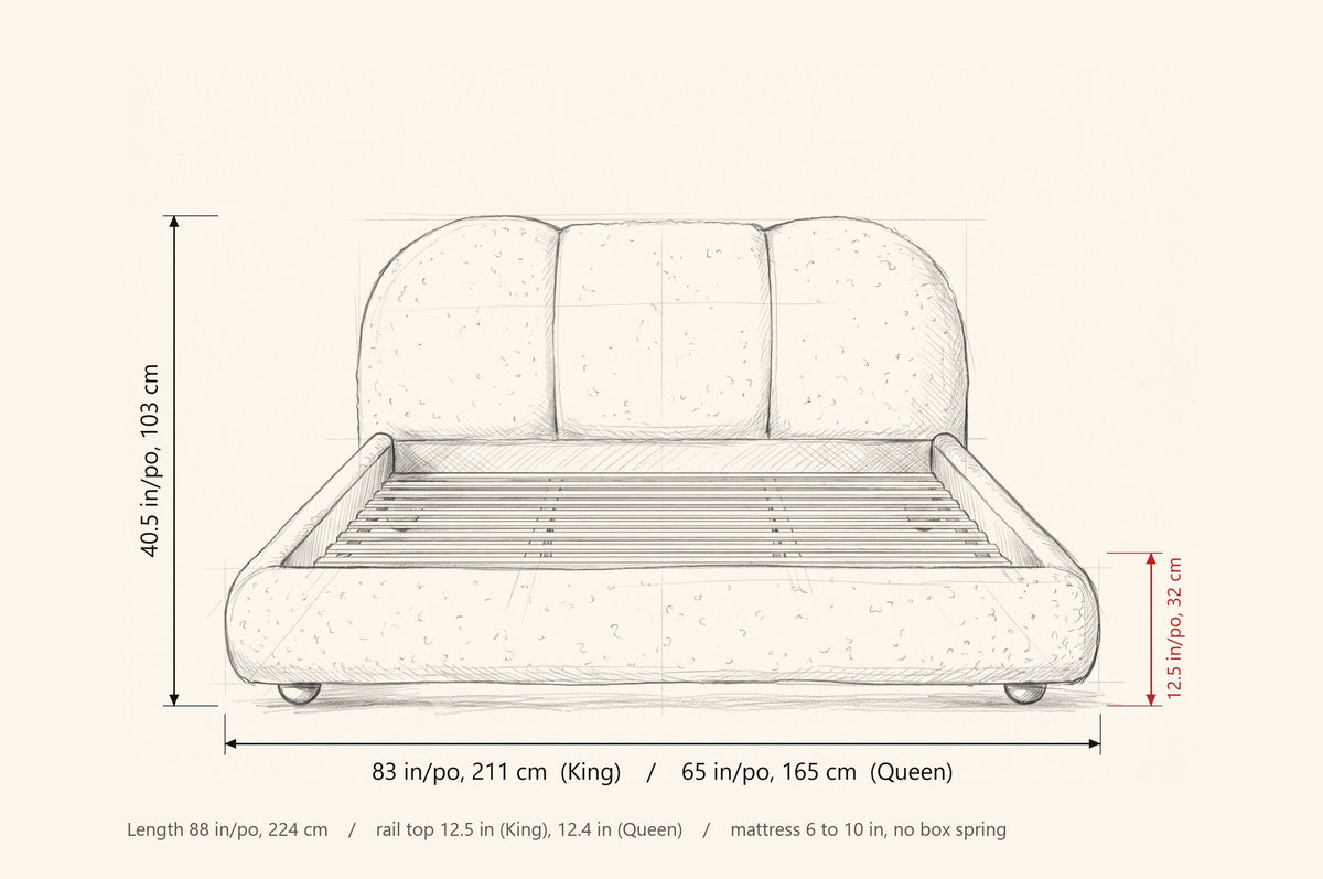 Padula bed dimensions: King 83 in wide, Queen 65 in wide, 40.5 in high, rail 12.5 in, 88 in long