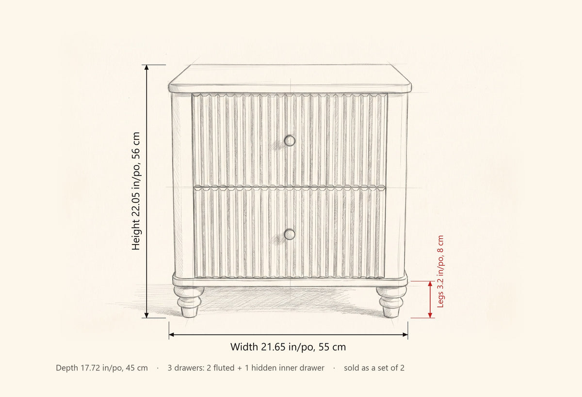 Palestrina dimensions: 21.65 in wide, 22.05 in high, 17.72 in deep, legs 3.2 in, 3 drawers, sold as a set of 2