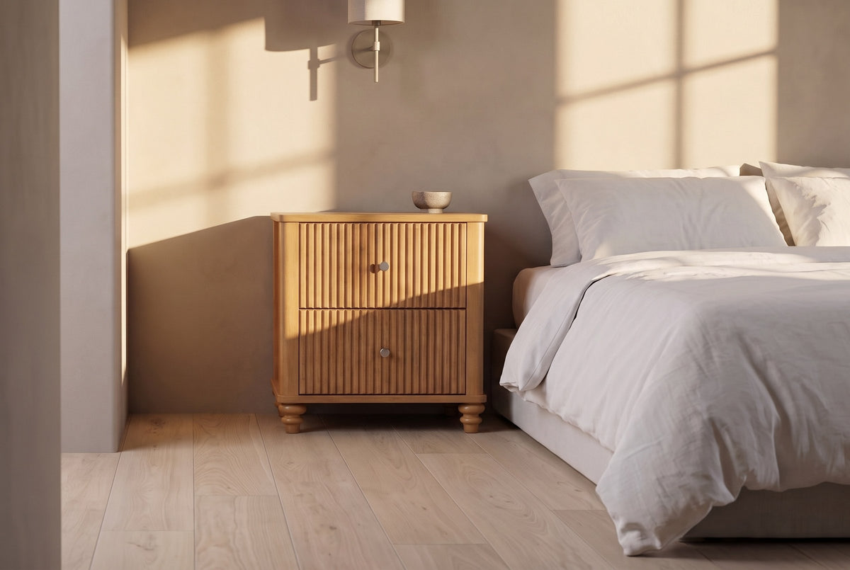 Palestrina nightstand in Natural beside a low bed in a plaster bedroom at golden hour