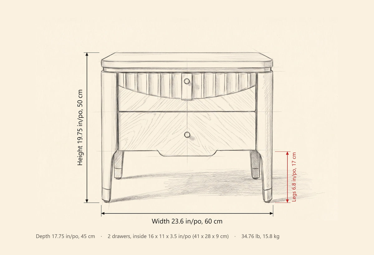 Pavia nightstand dimensions: 23.6 in wide, 19.75 in high, 17.75 in deep, legs 6.8 in, 2 drawers