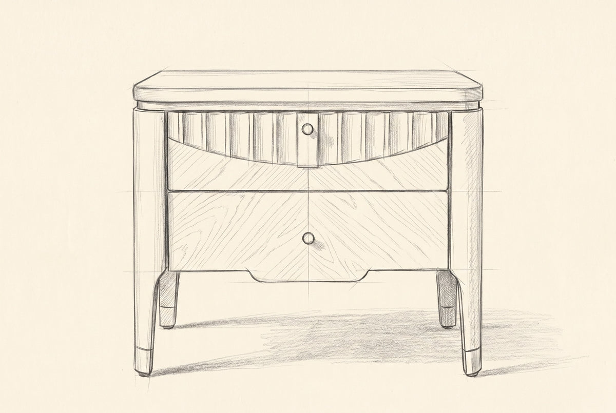Pencil drawing of the Pavia nightstand traced from the front view