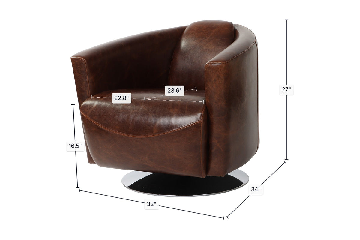 Percival swivel club chair with overall and seat dimensions marked in inches