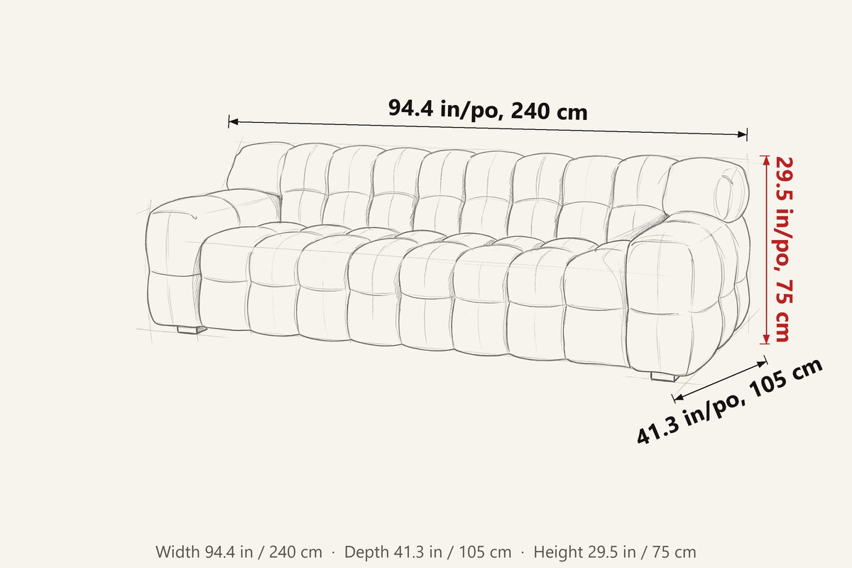 Pergola dimensions on a pencil sketch of the sofa: 94.4 in wide, 41.3 in deep, 29.5 in high
