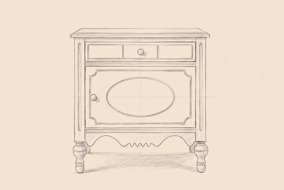 Pencil drawing of the Perugia nightstand traced from the front view