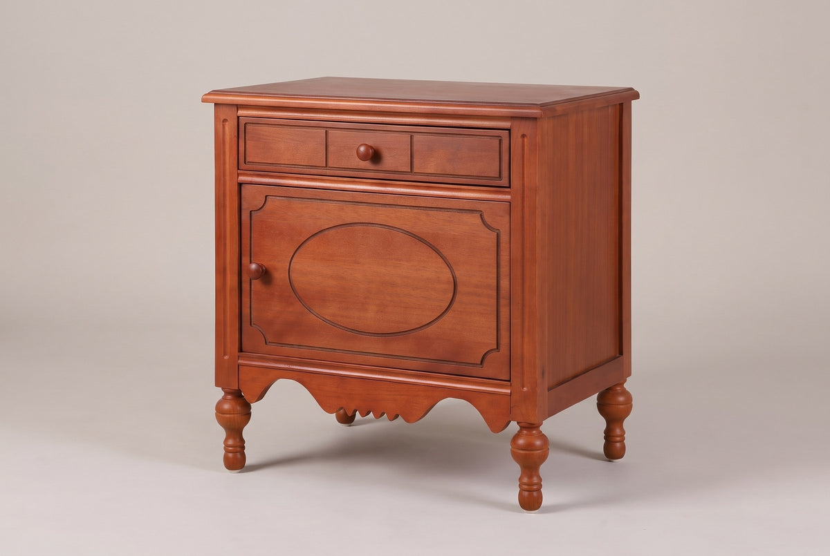 Perugia oval-panel nightstand in Russet Brown, three-quarter view on a warm grey studio backdrop