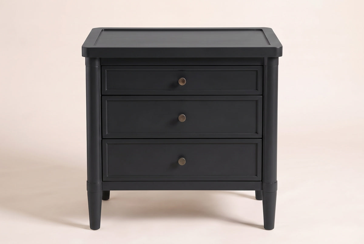 Pescara nightstand in Black, straight front view: a rimmed tray top, three framed drawers with round bronze-tone knobs