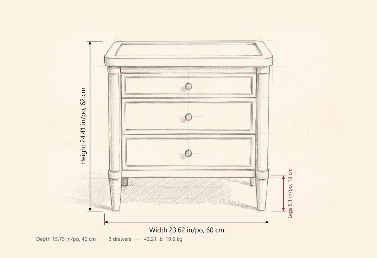 Pescara nightstand dimensions: 23.62 in wide, 24.41 in high, 15.75 in deep, legs 5.1 in, 3 drawers