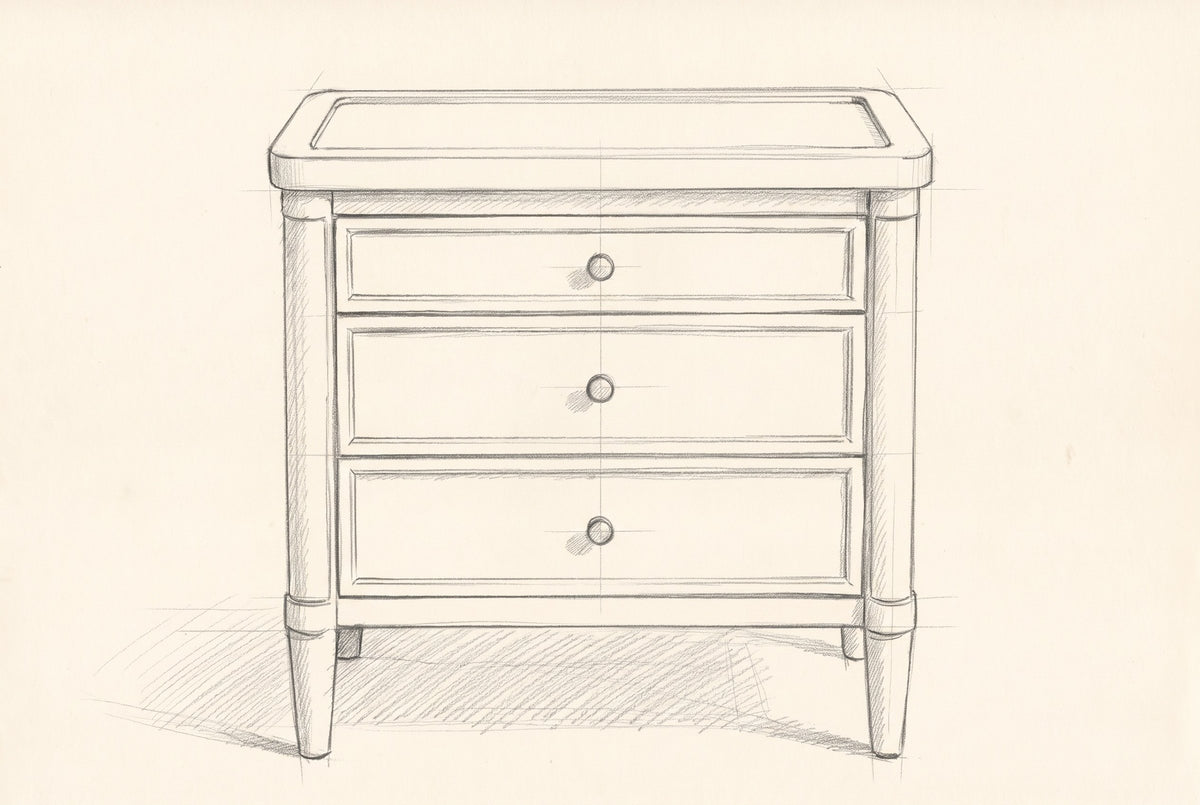 Pencil drawing of the Pescara nightstand traced from the front view