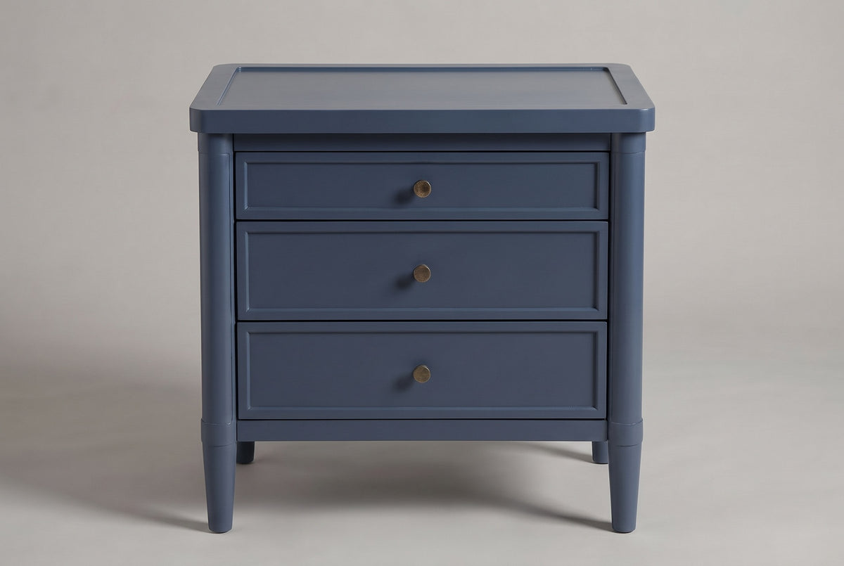 Pescara nightstand in Navy Blue, straight front view: a rimmed tray top, three framed drawers with round bronze-tone knobs